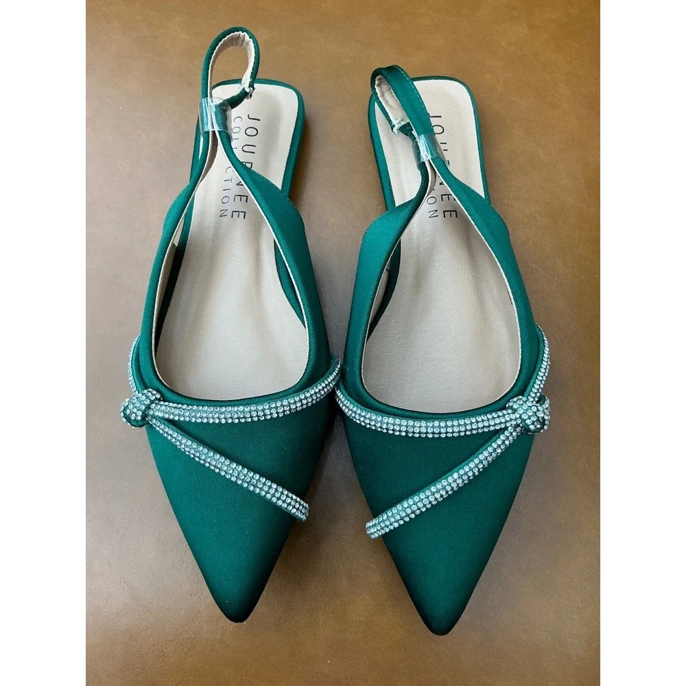Journee Collection Rebbel Slingback Flats Womens‎ 5.5 Green Excellent Rhinestone